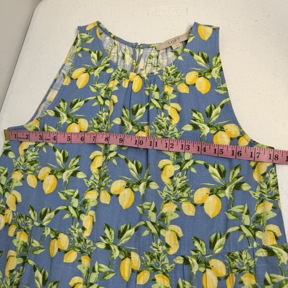 LOFT Lemon Print Tiered Swing Dress Women's Small Blue Yellow Linen Blend - Picture 8 of 13